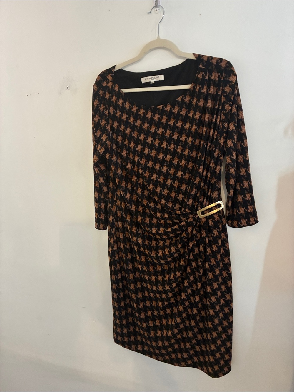 Retro Timeless Evan Picone Black Brown Houndstooth Midi Dress Gold Buckle Sz 16